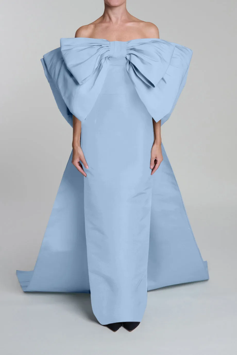 Anniversary Off-The-Shoulder Double Bow Silk Faille Column Gown with Detachable Cape