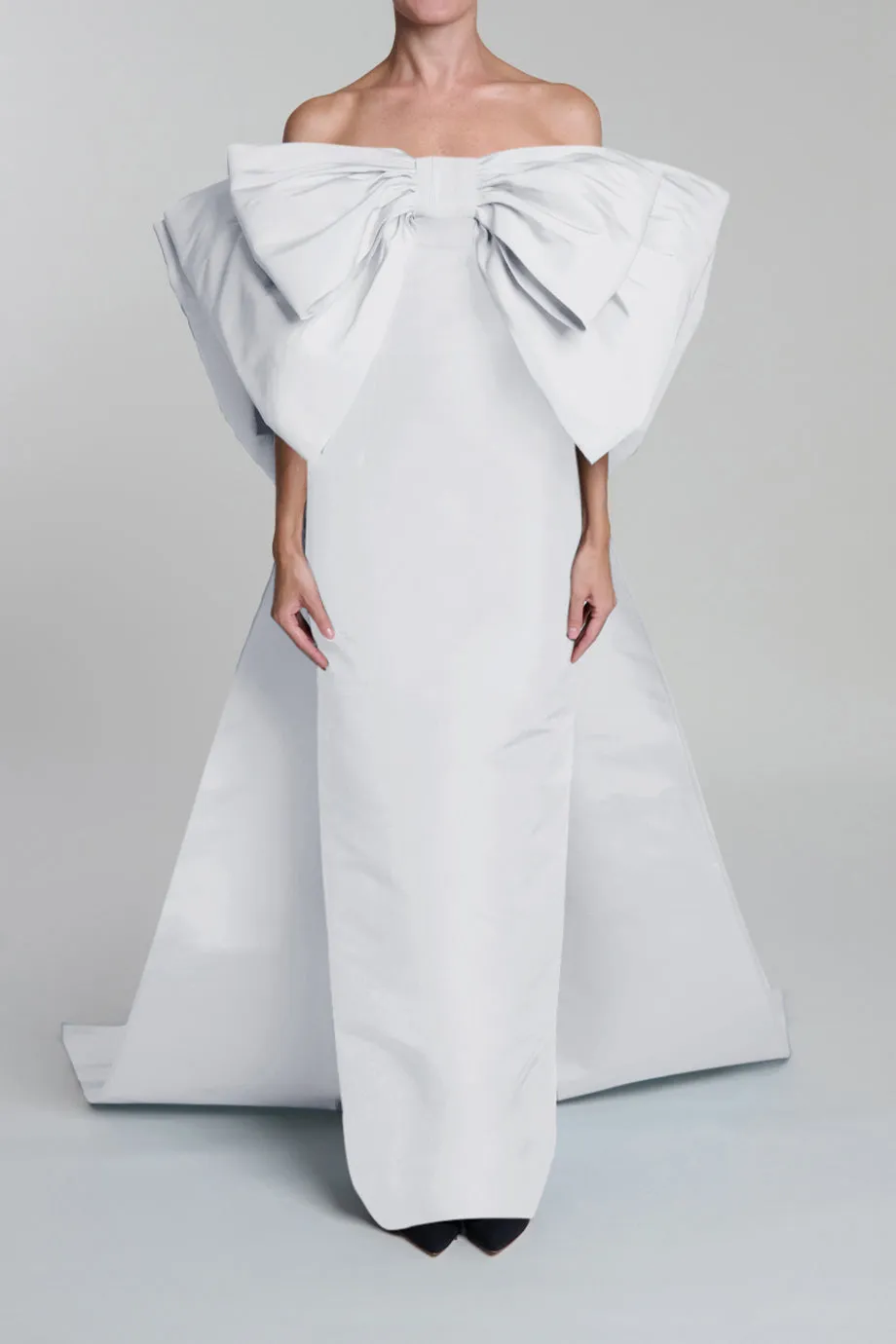 Anniversary Off-The-Shoulder Double Bow Silk Faille Column Gown with Detachable Cape