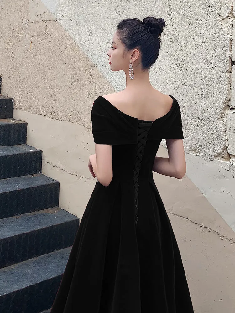 Black Velvet Elegant Lace-up Prom Dress, Black Off Shoulder Prom Dress