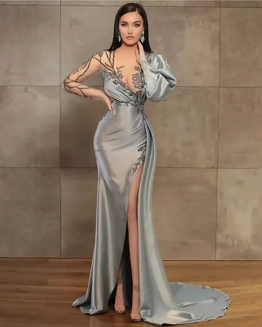 Gray Evening Dresses Mermaid Scoop Long Sleeves