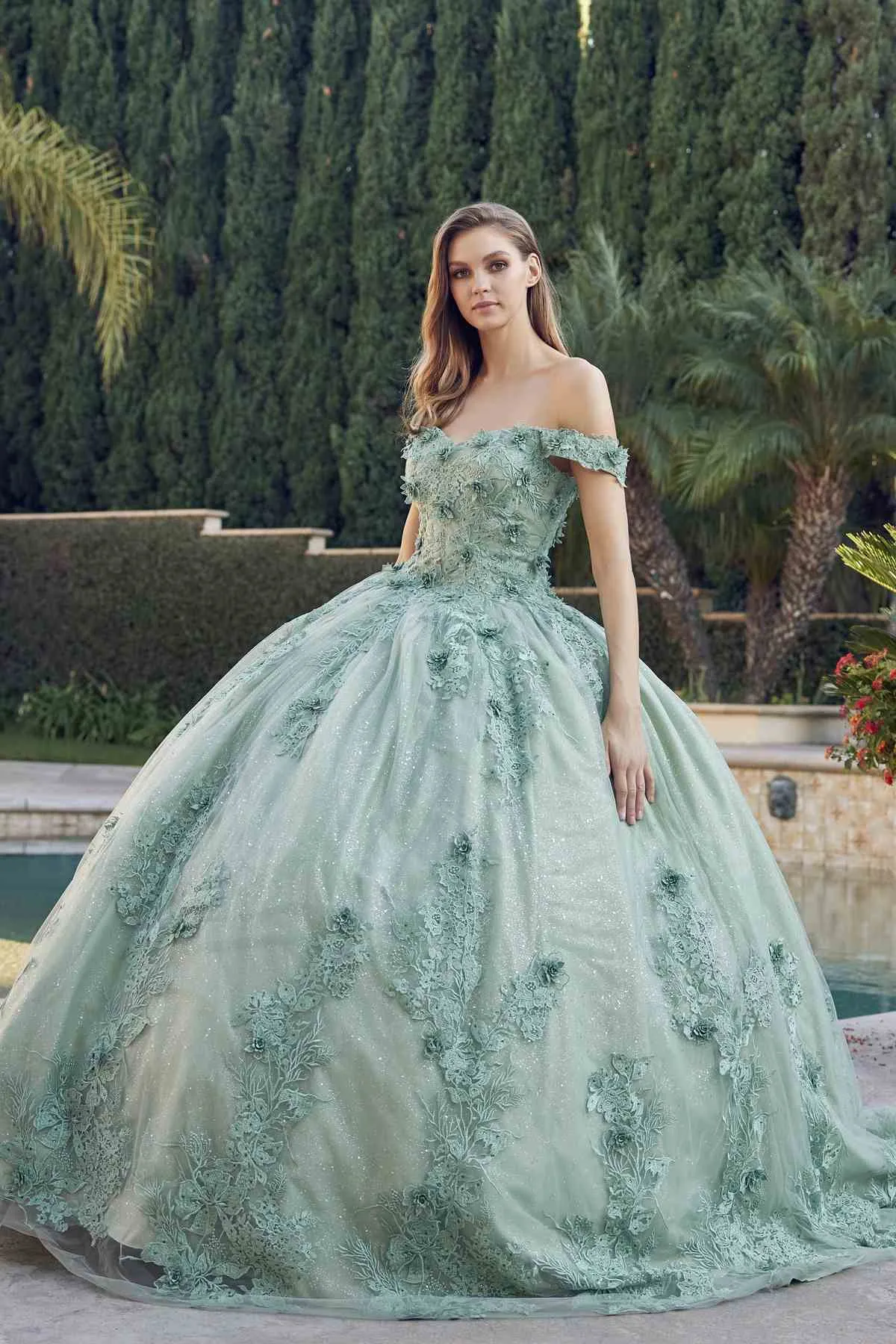 Juliet 1445 Long 3D Floral Appliques Off Shoulder Poofy Ball Gown