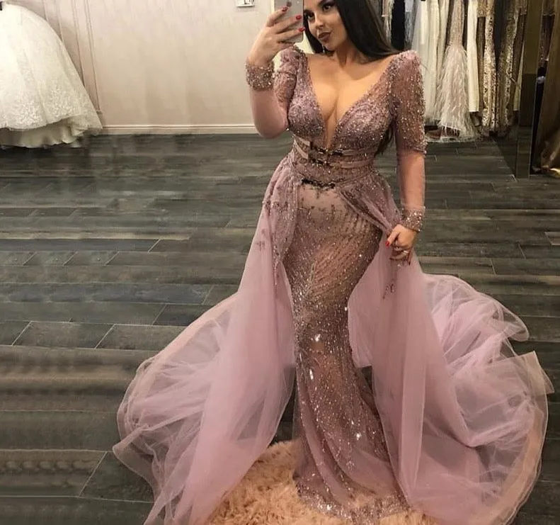 Long Sleeve Beading Mermaid Evening Gowns
