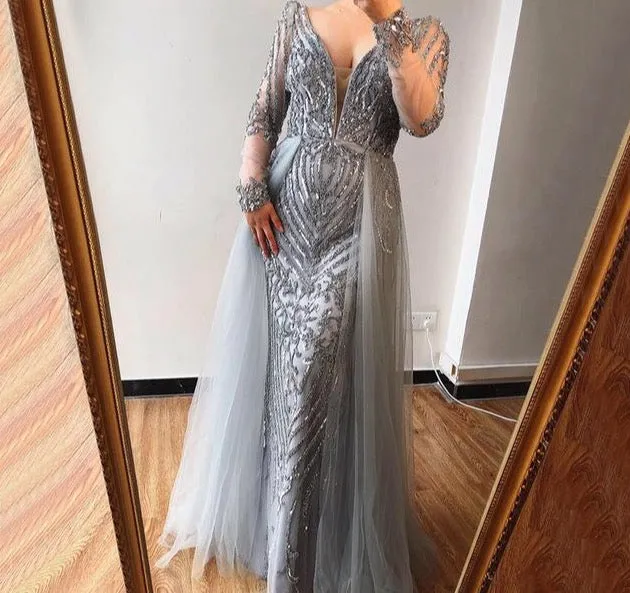 Long Sleeve Beading Mermaid Evening Gowns