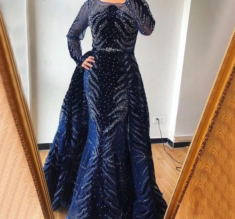 Muslim Luxury Navy Blue Evening Dresses Long Sleeves  Mermaid Dress With Skirt Sexy Formal Dress