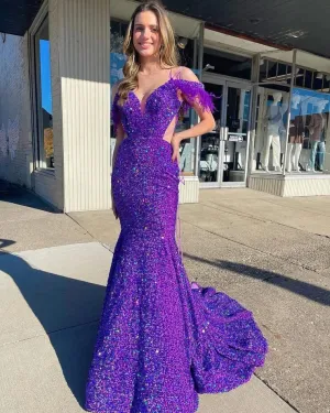 Off the Shoulder Long Iridescent Sequins Purple Prom Dresses with Feather