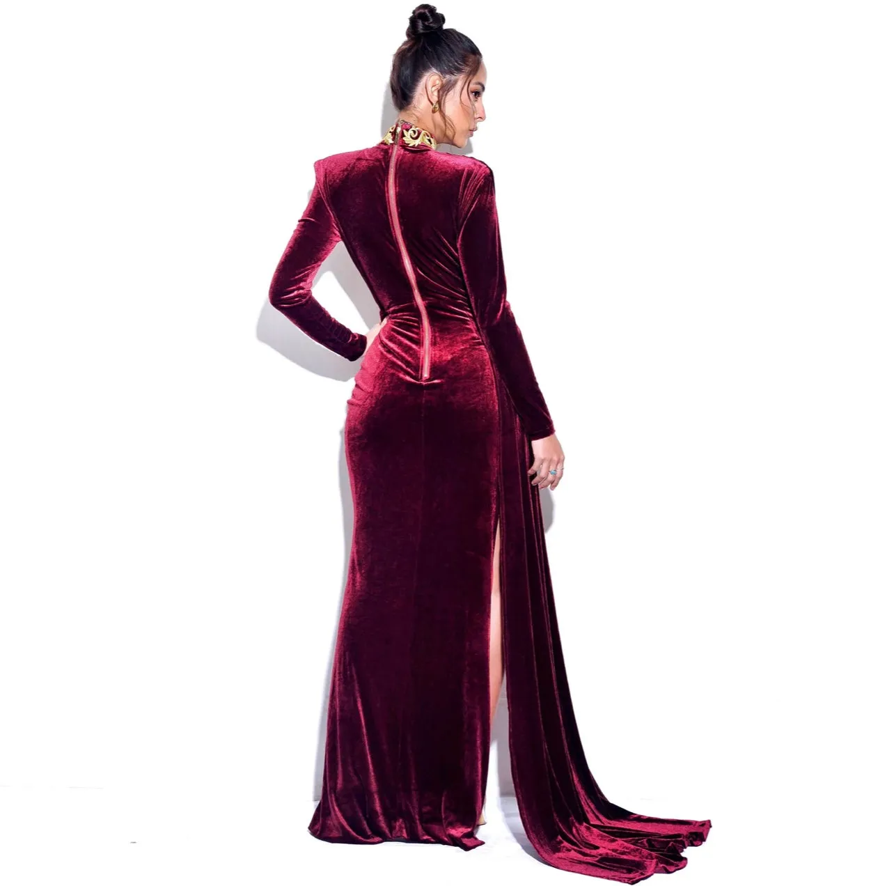 "BORDEAUX"  LONG SLEEVE VELVET GOWN