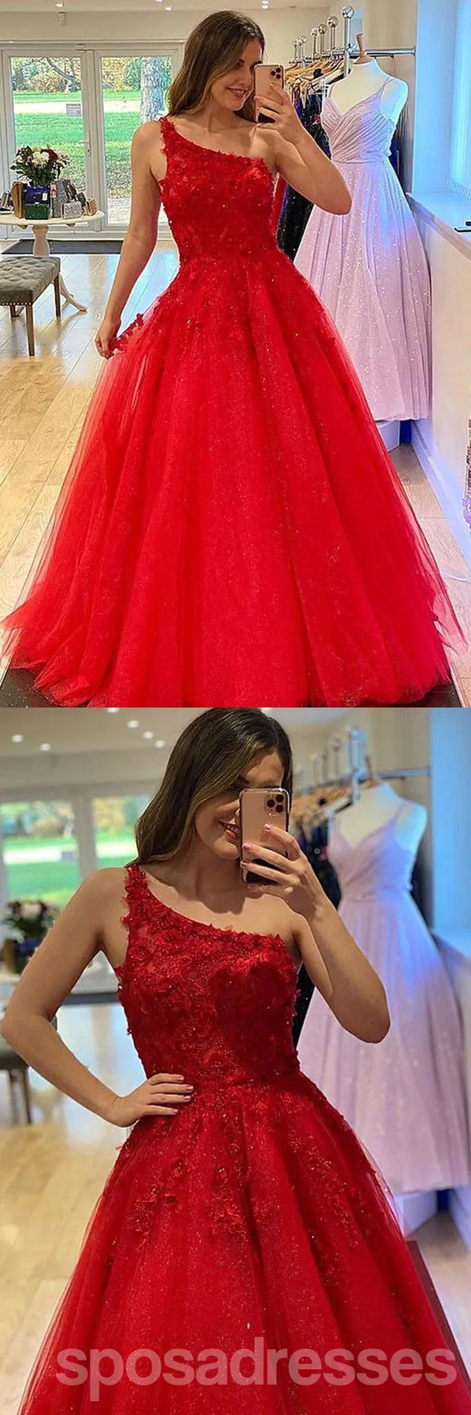 Red A-line One Shoulder Cheap Long Prom Dresses, Evening Party Dresses,12856
