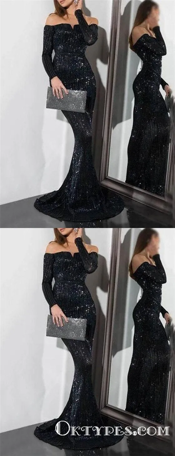 Sequin Long Sleeve Off the Shoulder Black Evening Gowns Prom Dresses, TYP1902