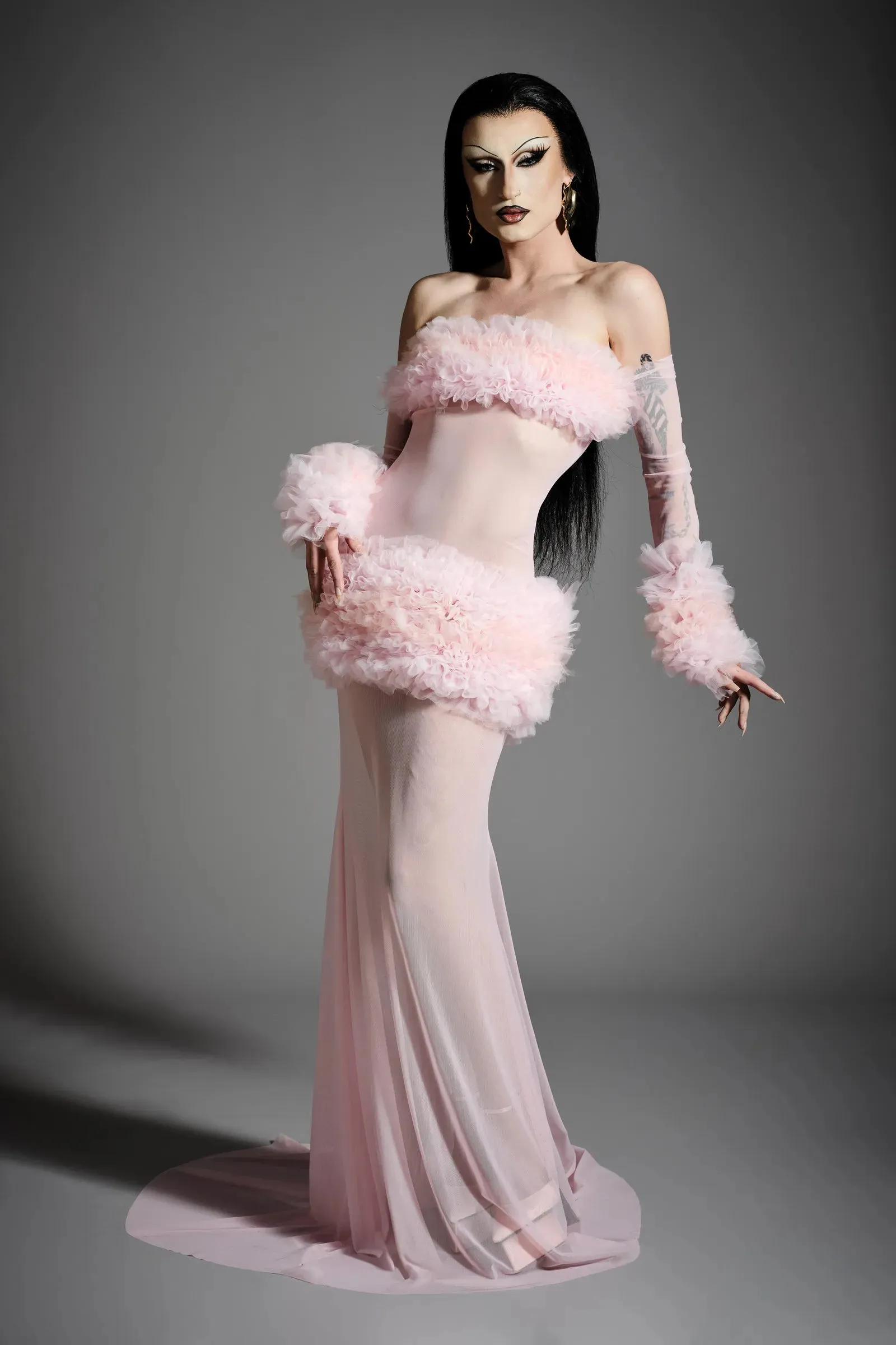 Shirred Tulle and Mesh Long Sleeve Gown