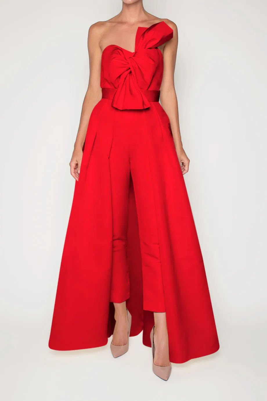 Silk Faille Twisted Bow Jumpsuit with Convertible Skirt