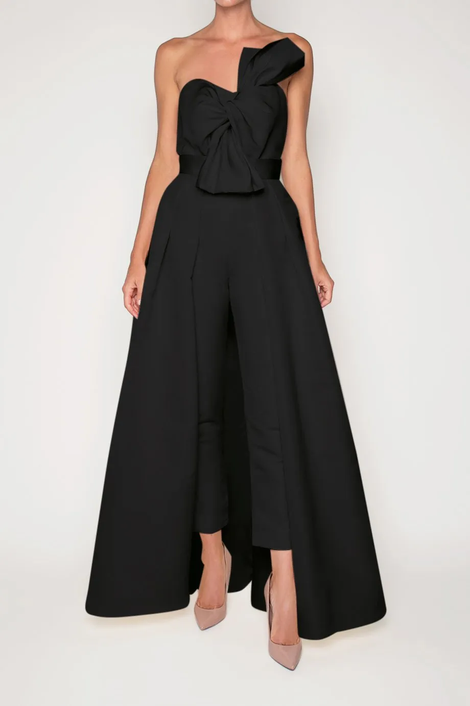 Silk Faille Twisted Bow Jumpsuit with Convertible Skirt