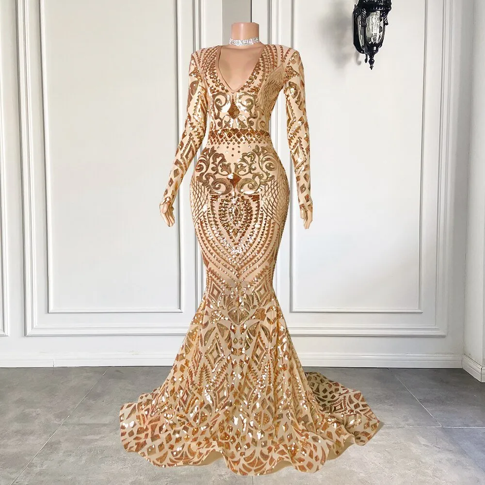 V-neck Rose Gold Sequin African Black Girls Real Prom Gala Gowns