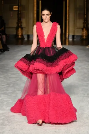 V-Neck Tiered Embroidered Ombre Tulle High-Low Gown